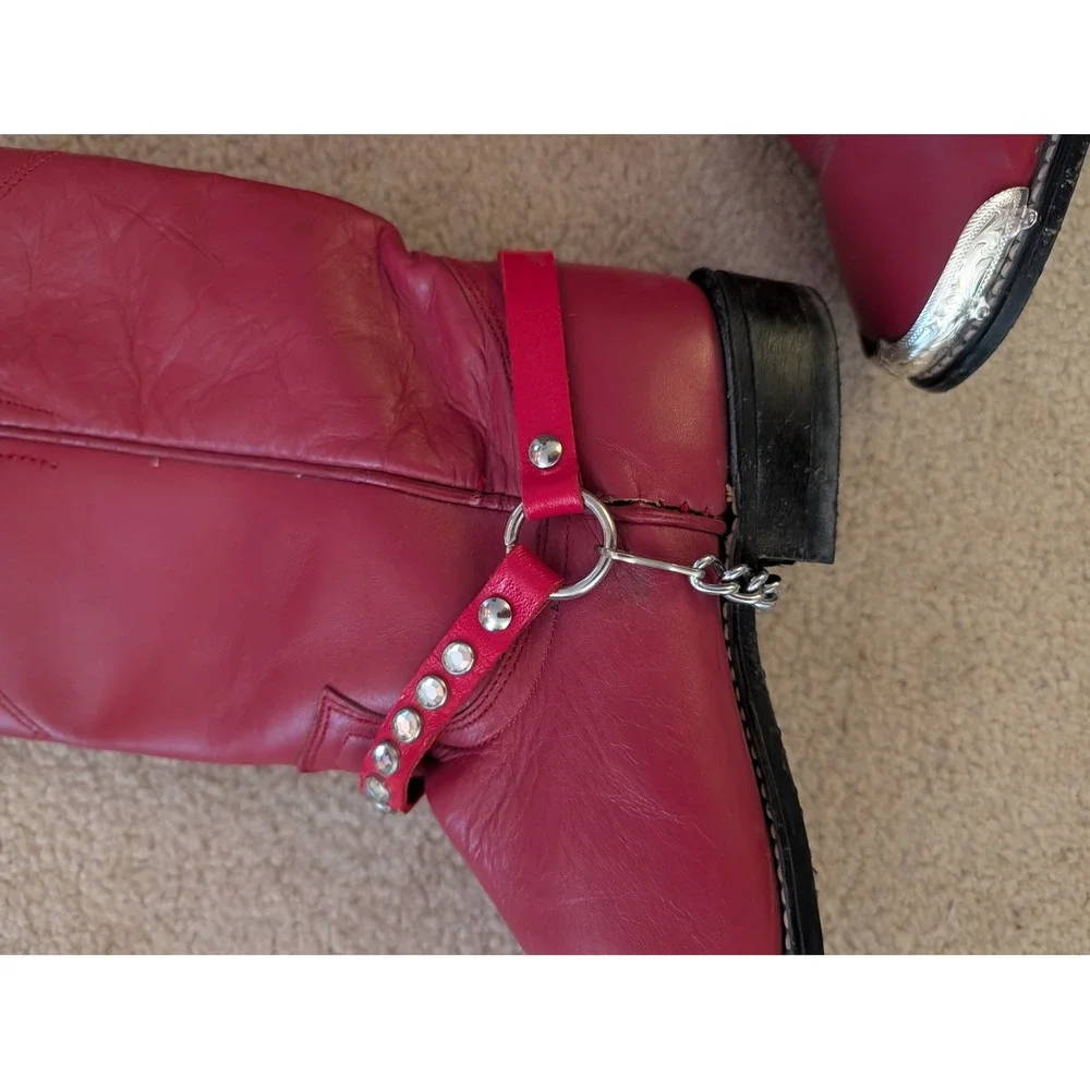 Vintage Red Leather Cowboy Boots Silver Metal Toe Studded Chains-‎ Womens 6.5